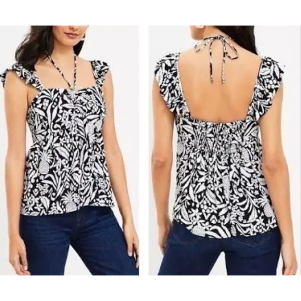 New Ann Taylor Loft Tank Top Peplum Smocked Pineapple Small‎ Black White Preppy